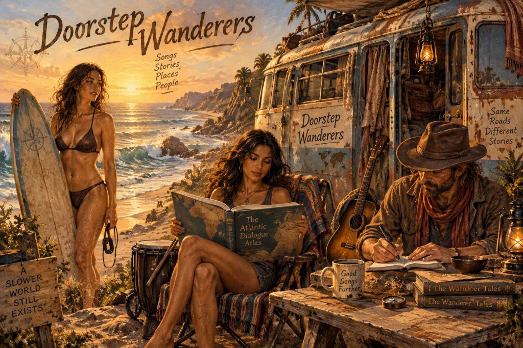 Doorstep Wanderers three musicians in an old bus, traveling through South America... featuring: Mirabelle (bass), Gloria (drums) The Troubadour (instruments & vocals)